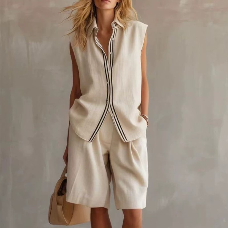 Shirt Camp Collar - Summer Fashion Solid Linen Blend Two