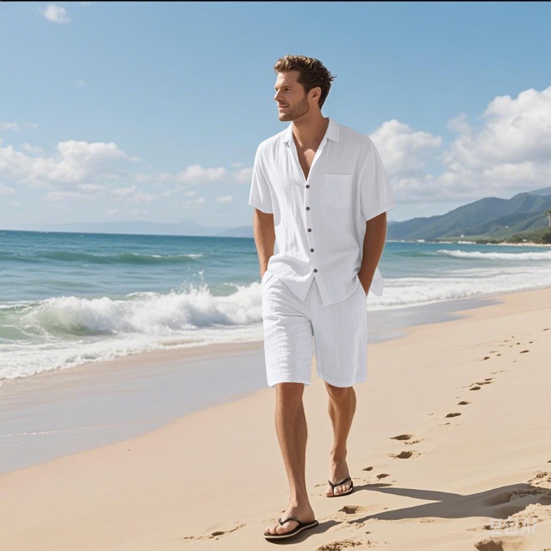 Linen Shirt Breathable - Men Linen Blend Camp Collar Shirt
