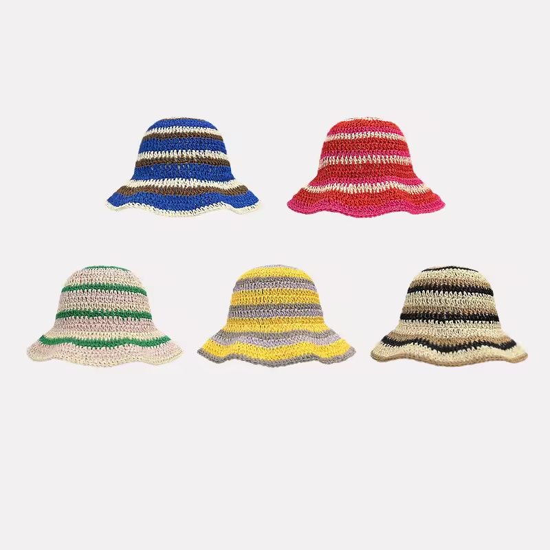 Bucket Hat Straw - New Striped Knitted Straw Crochet Hats