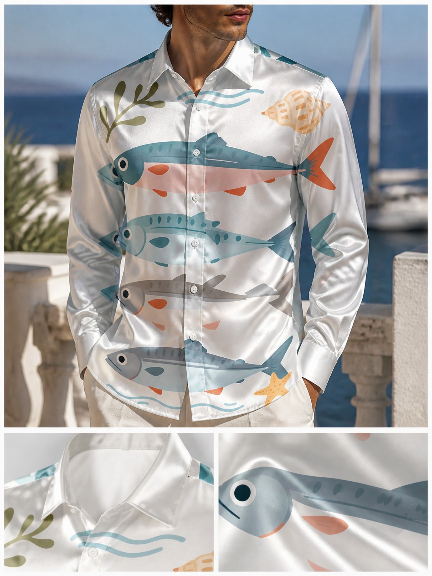 Resort Shirt Floral - Mens Luxury Satin Long Sleeve Collared