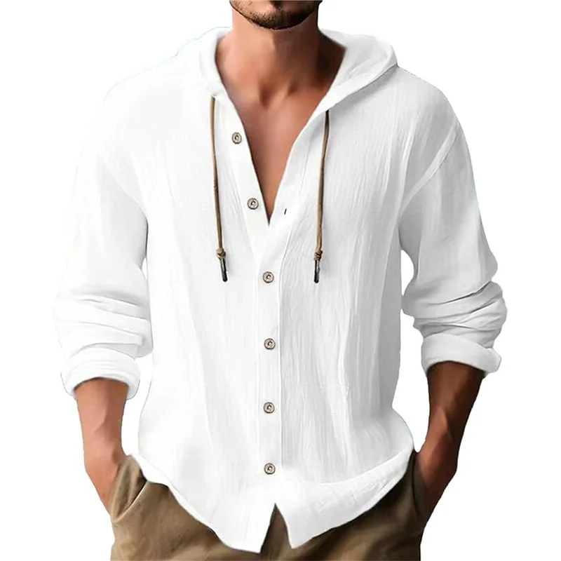 Short Linen Drawstring - Men's solid color casual long-sleeved shirt