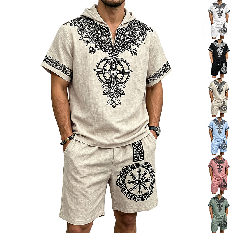 Short Linen Drawstring - Men Linen Look Viking Tree Print