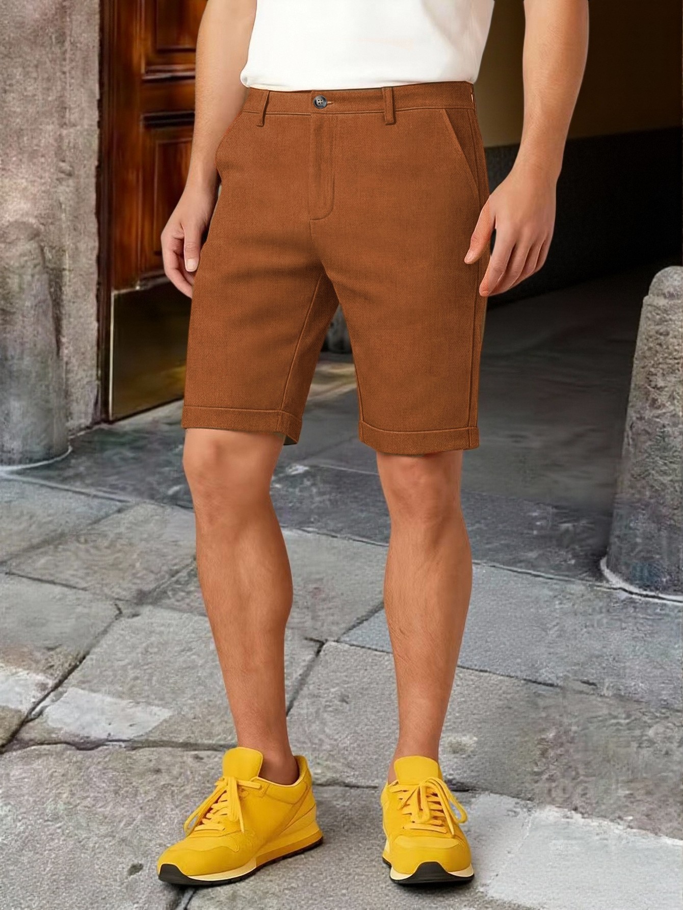 Men Cuffed Hem Knee Length Chi - Shorts Chino Slim ulasan dan harga