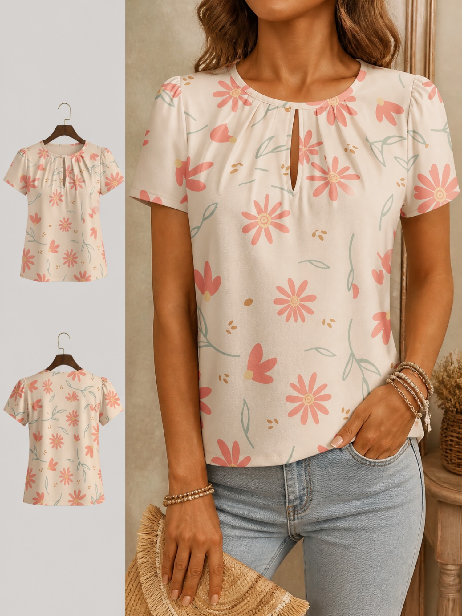 2026 New Women's Round Neck El - Resort Shirt Floral ulasan dan harga
