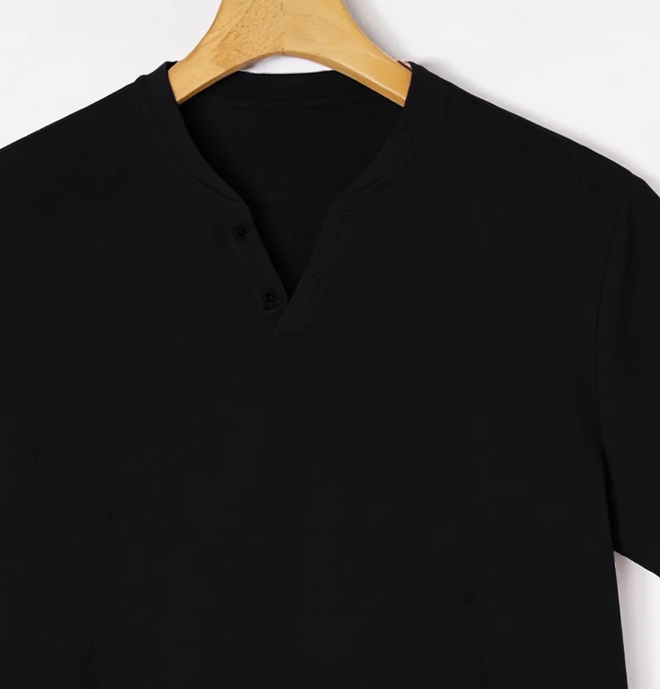 Elegant Black Henley Short-Sle - Linen Shirt Breathable ulasan dan harga