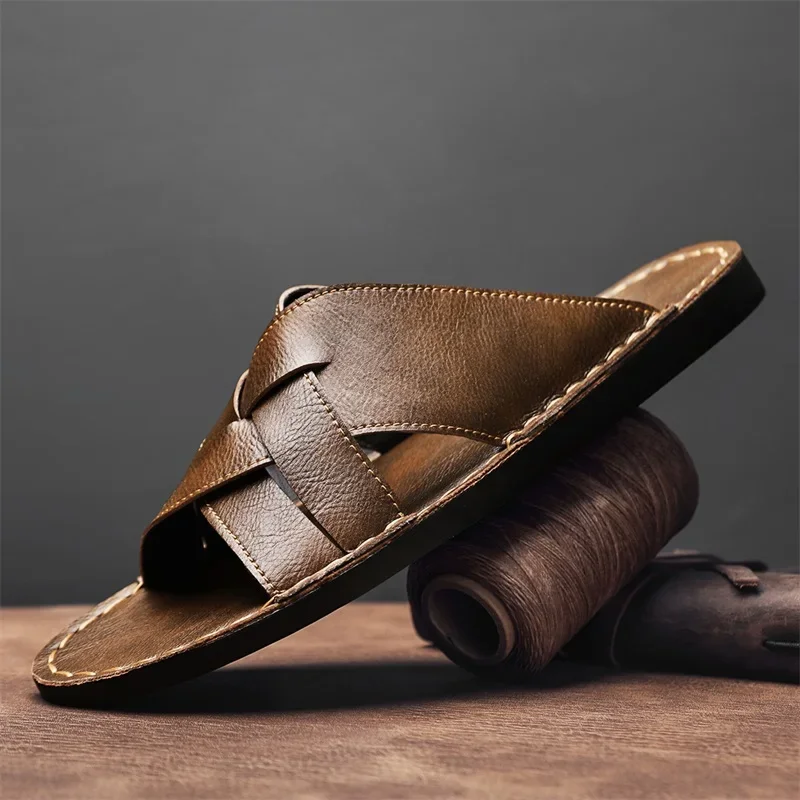 Genuine Leather Men Casual San - Flip Flop Leather Men ulasan dan harga