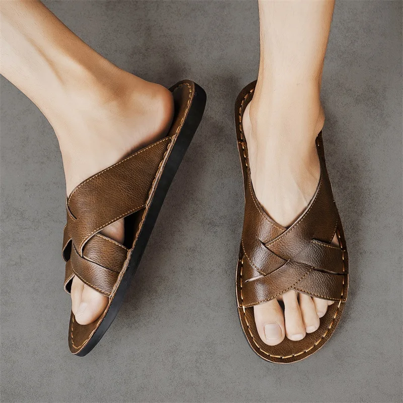 Genuine Leather Men Casual San - Flip Flop Leather Men ulasan dan harga