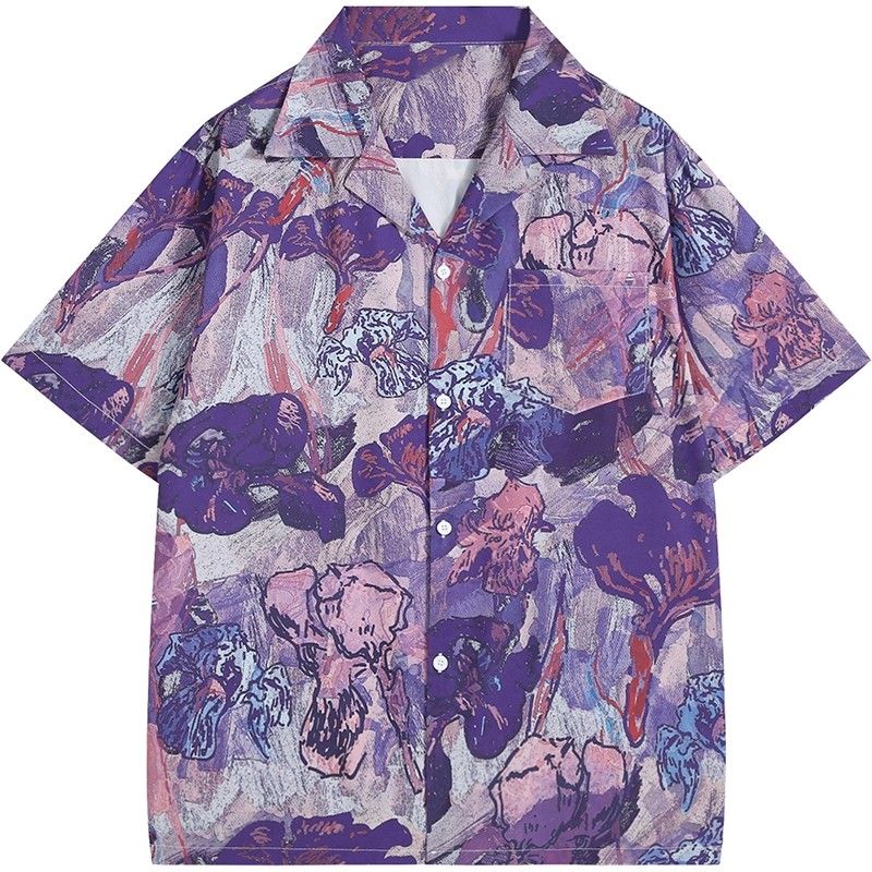 Vintage Purple Oil Painting Ir - Resort Shirt Floral ulasan dan harga