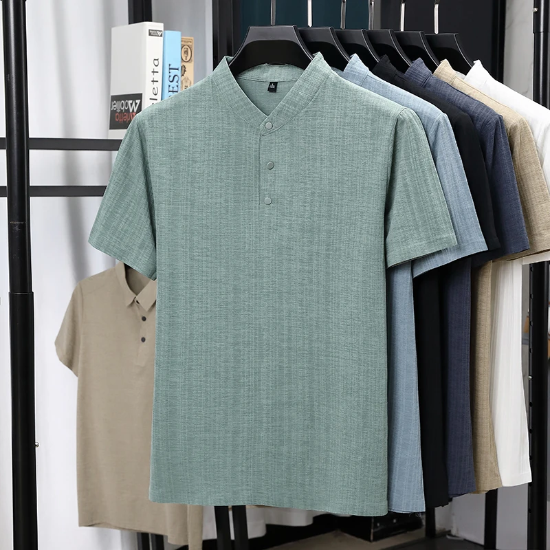 Mens Mandarin Collar Half Plac - Linen Shirt Breathable ulasan dan harga