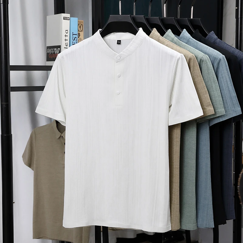 Mens Mandarin Collar Half Plac - Linen Shirt Breathable ulasan dan harga