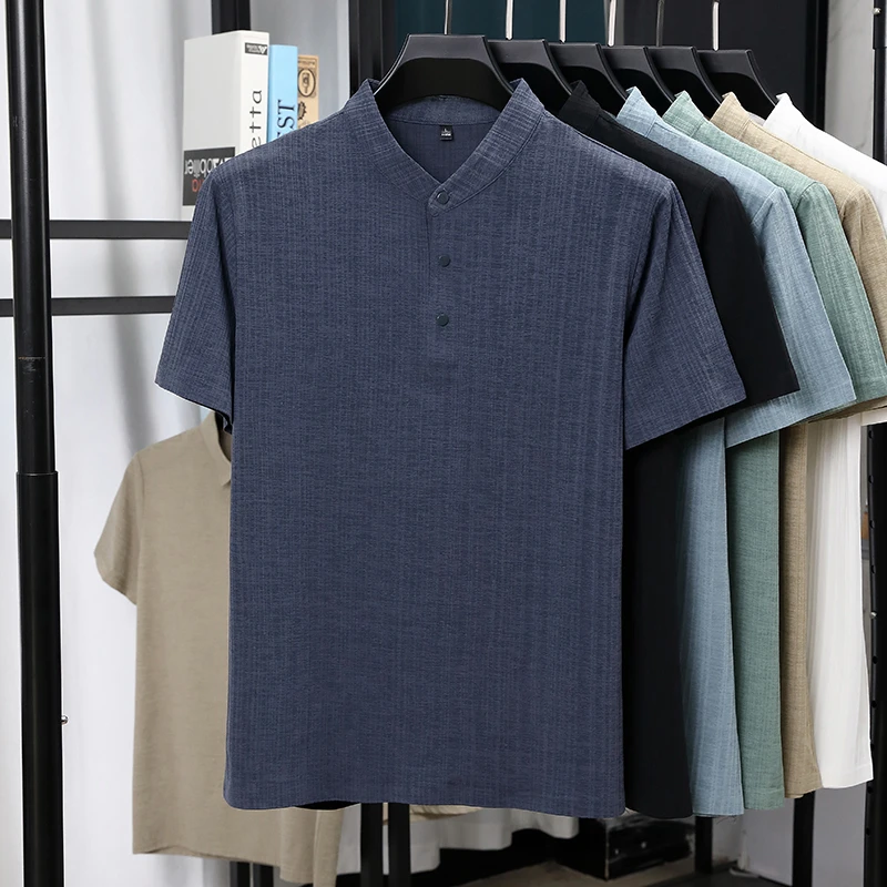 Mens Mandarin Collar Half Plac - Linen Shirt Breathable ulasan dan harga