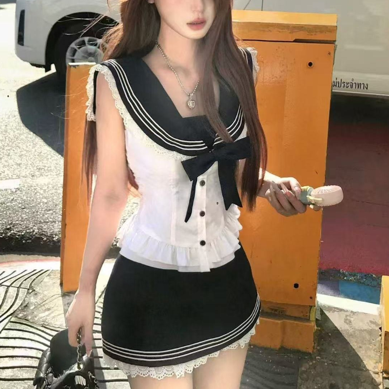 College Style Bow Sweet 2 Piec - Shirt Camp Collar ulasan dan harga
